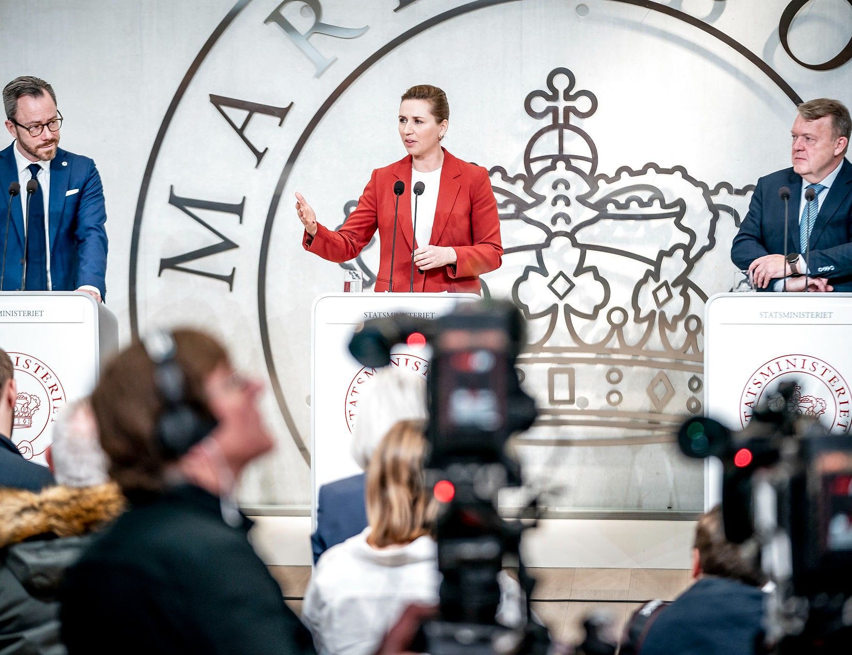 Partilederne i den nye regering lykkedes stort set med at signalere enhed på pressemødet. Foto: Mads Claus Rasmussen/Ritzau Scanpix