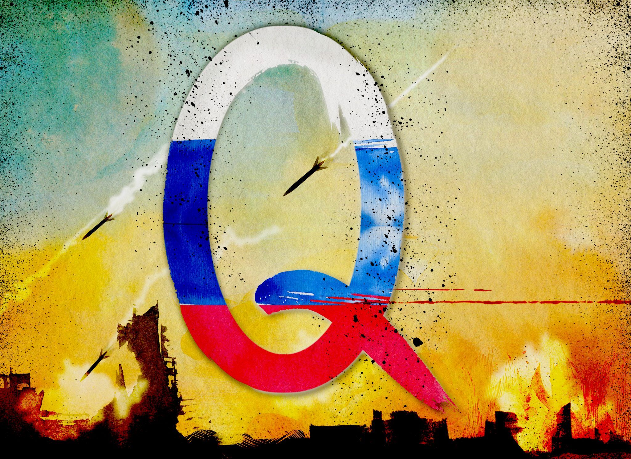 Et QAnon-symbol i farverne på det russiske flag credit: Ann Kiernan.