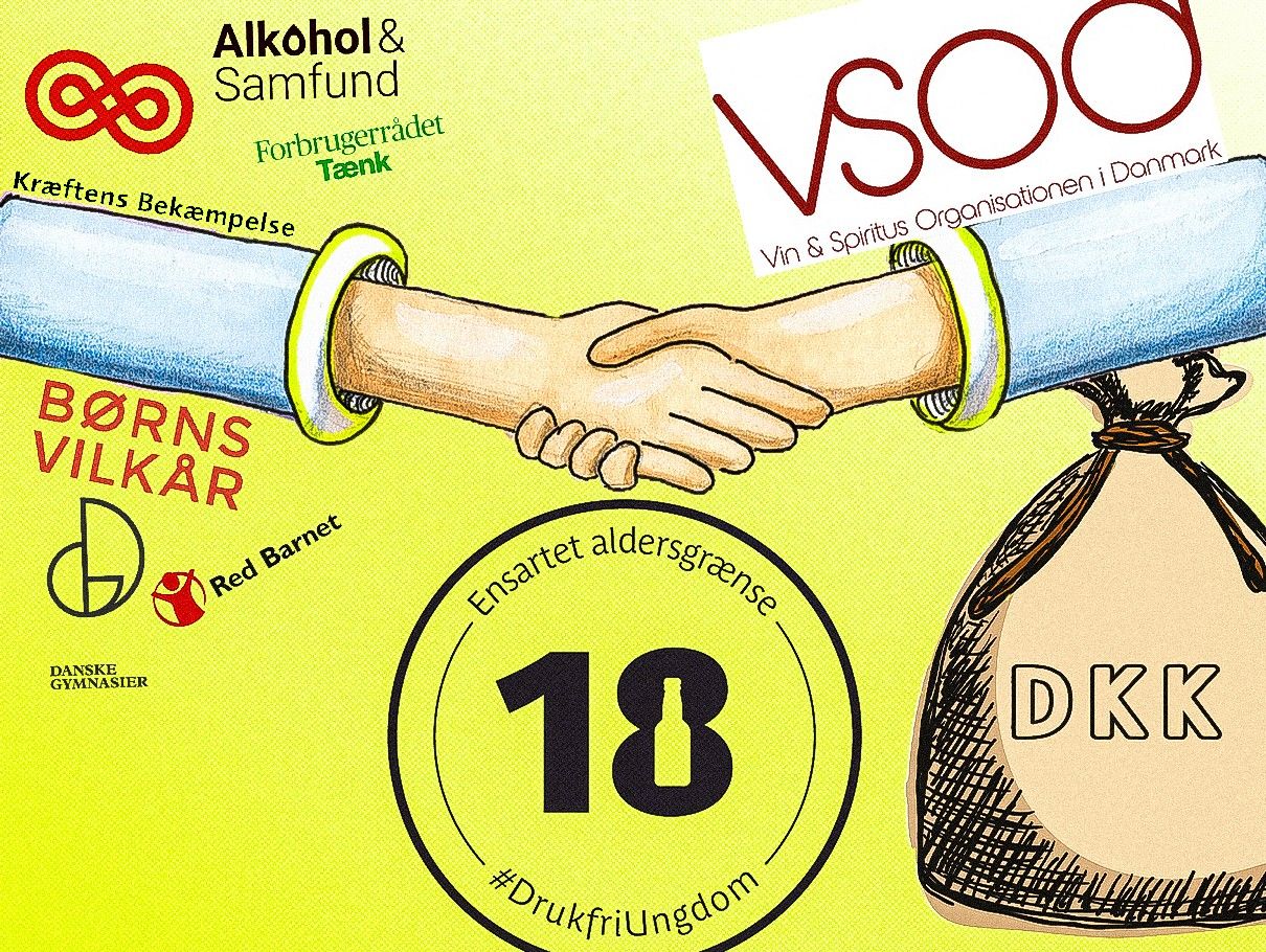 Forskere i lobbyisme kritiserer NGO'erne for at samarbejde med og lade kampagnearbejdet betale af alkoholindustrien. Grafik: Alexander Nordahl