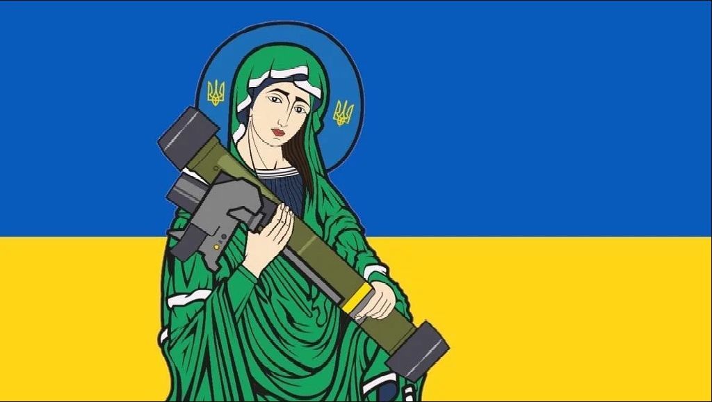 Memets Maria Magdalena sanktionerer og fejrer ukrainernes anvendelse af Javelin-missilet ved at være indhyllet i helgenkårede, godhedens gevandter i nationalfarverne.